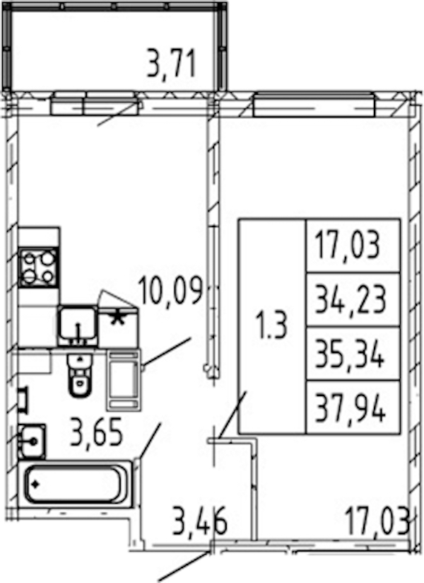 1-комнатная квартира 34.23 м², 11/12 эт., ЖК «Полис ЛАВрики»